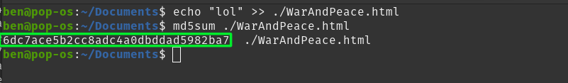 An image of the MD5 hash of war and peace.txt with added lol