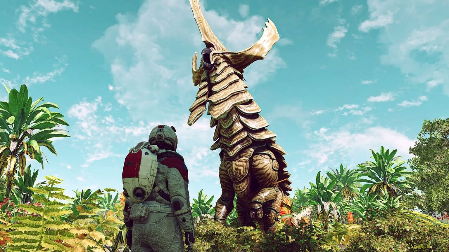 A space explorer stands in front of the large, giraffe-like 'Aceles' creature from 'Starfield'